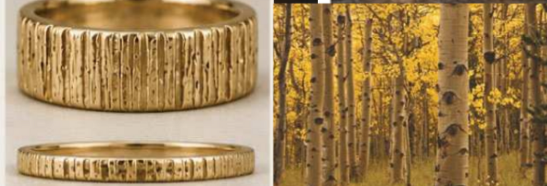 Custom Aspen Style Textured Tree Bark Wedding Ring Set