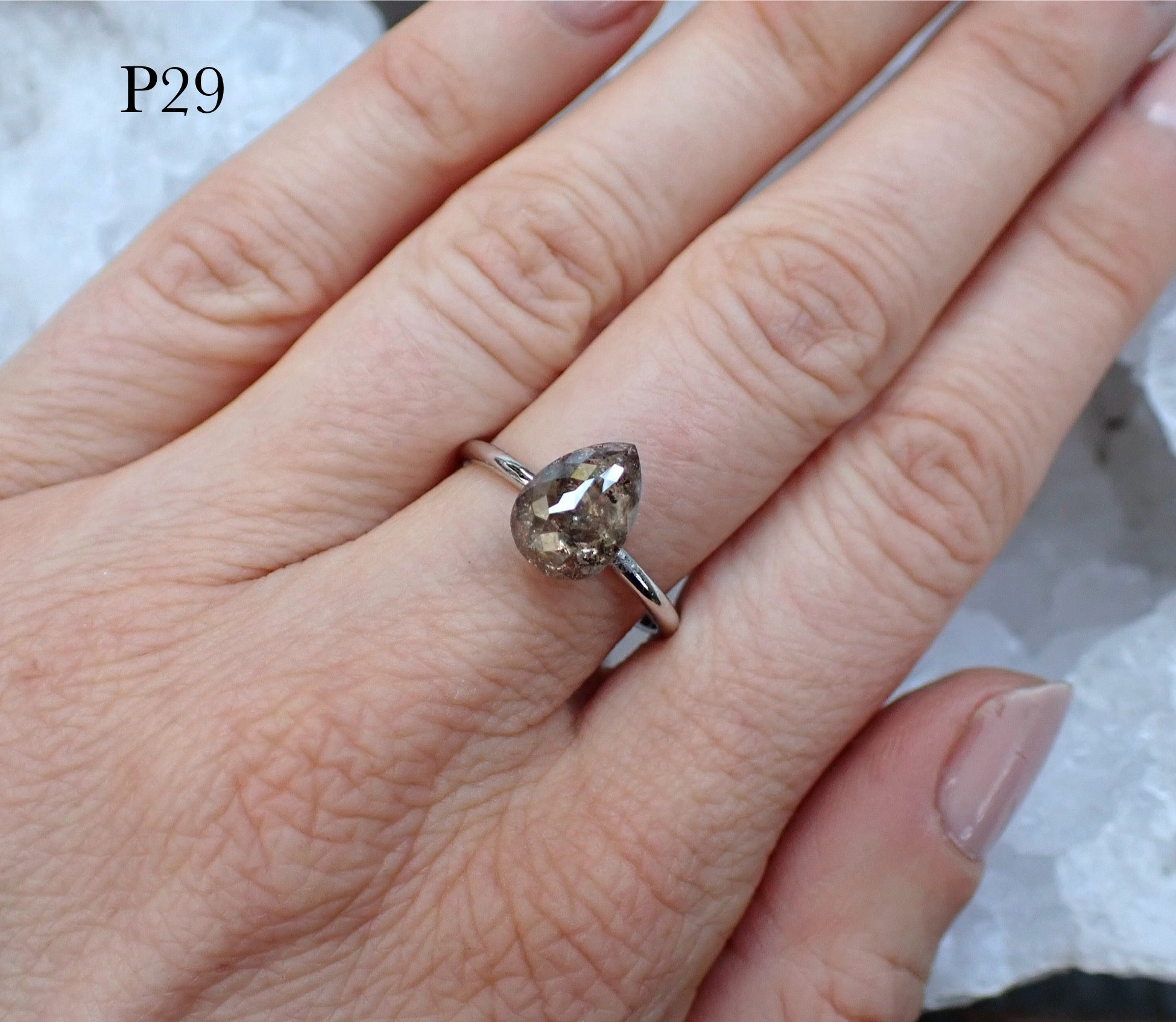 Pear Diamond Viewing - Salt and Pepper Diamond Ring- mossNstone