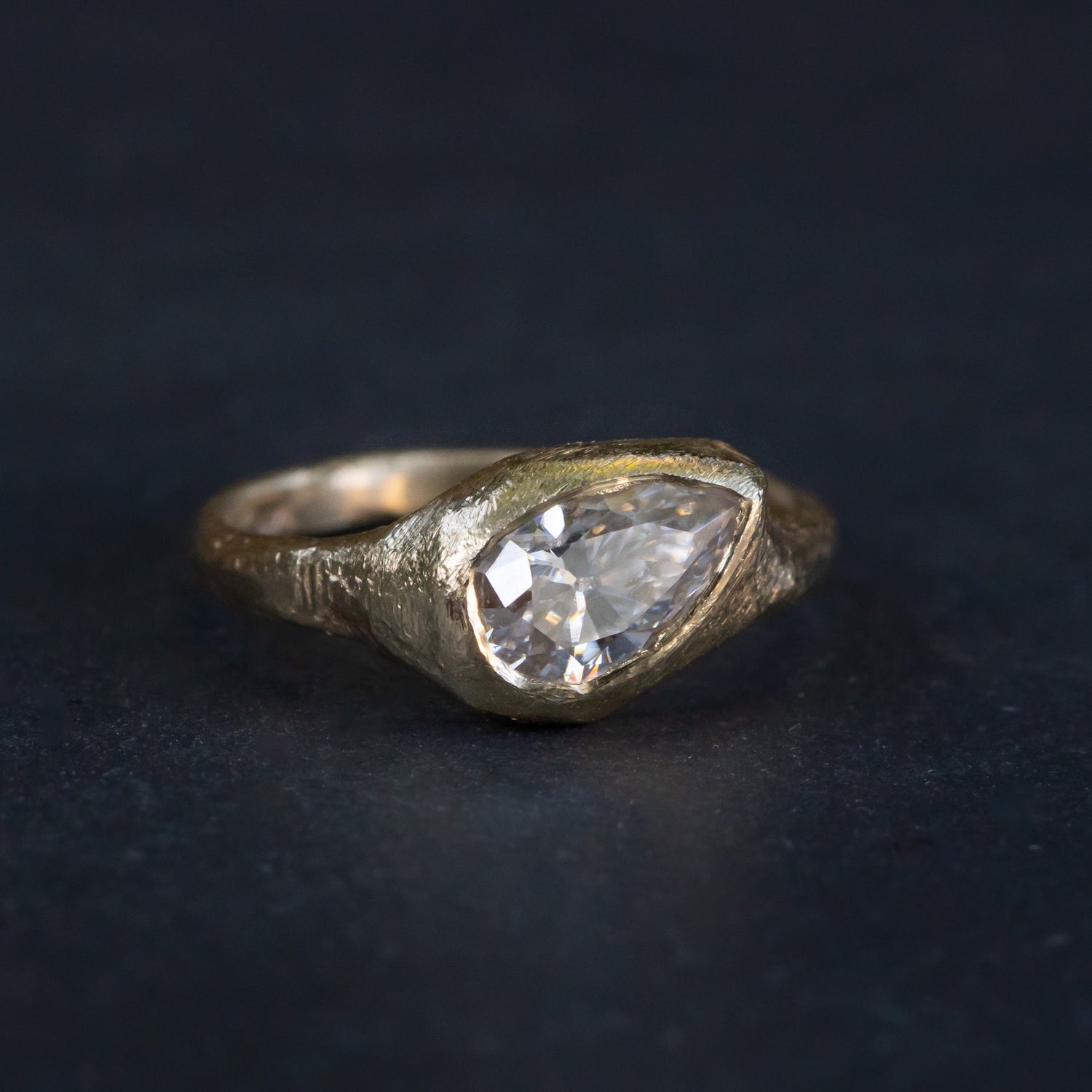Custom Lab Diamond- Slanted Pear, Signent Style Diamond Engagement Ring - Salt and Pepper Diamond Ring- mossNstone
