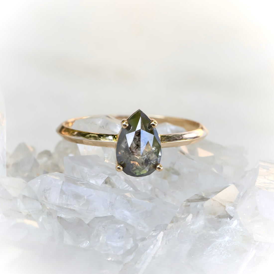 Salt and Pepper Pear Diamond Ring, With Knife Edge Band