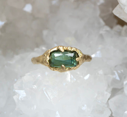 Mermaid Green Tourmaline Ring in 14k Gold Setting - Salt and Pepper Diamond Ring- mossNstone