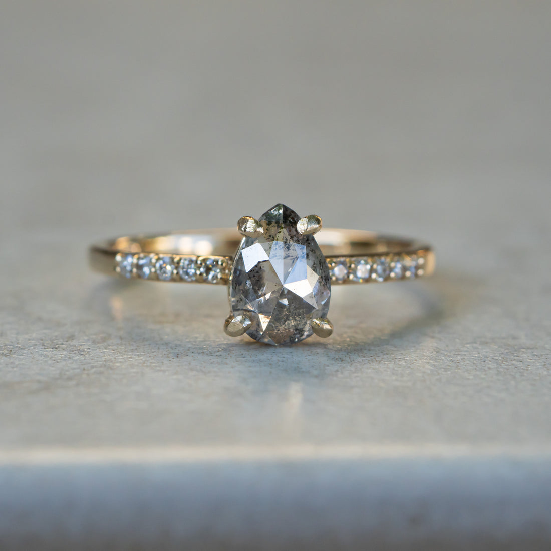 Salt and Pepper Pear Diamond Ring with Diamond Pavé Band