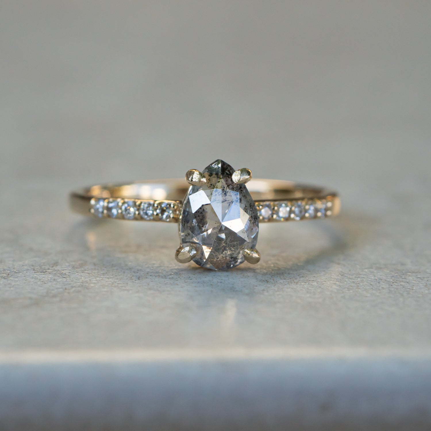 Salt and Pepper Pear Diamond Ring with Diamond Pavé Band - Salt and Pepper Diamond Ring- mossNstone