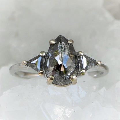 Salt and pepper diamond engagement ring. black diamond, Pear ring