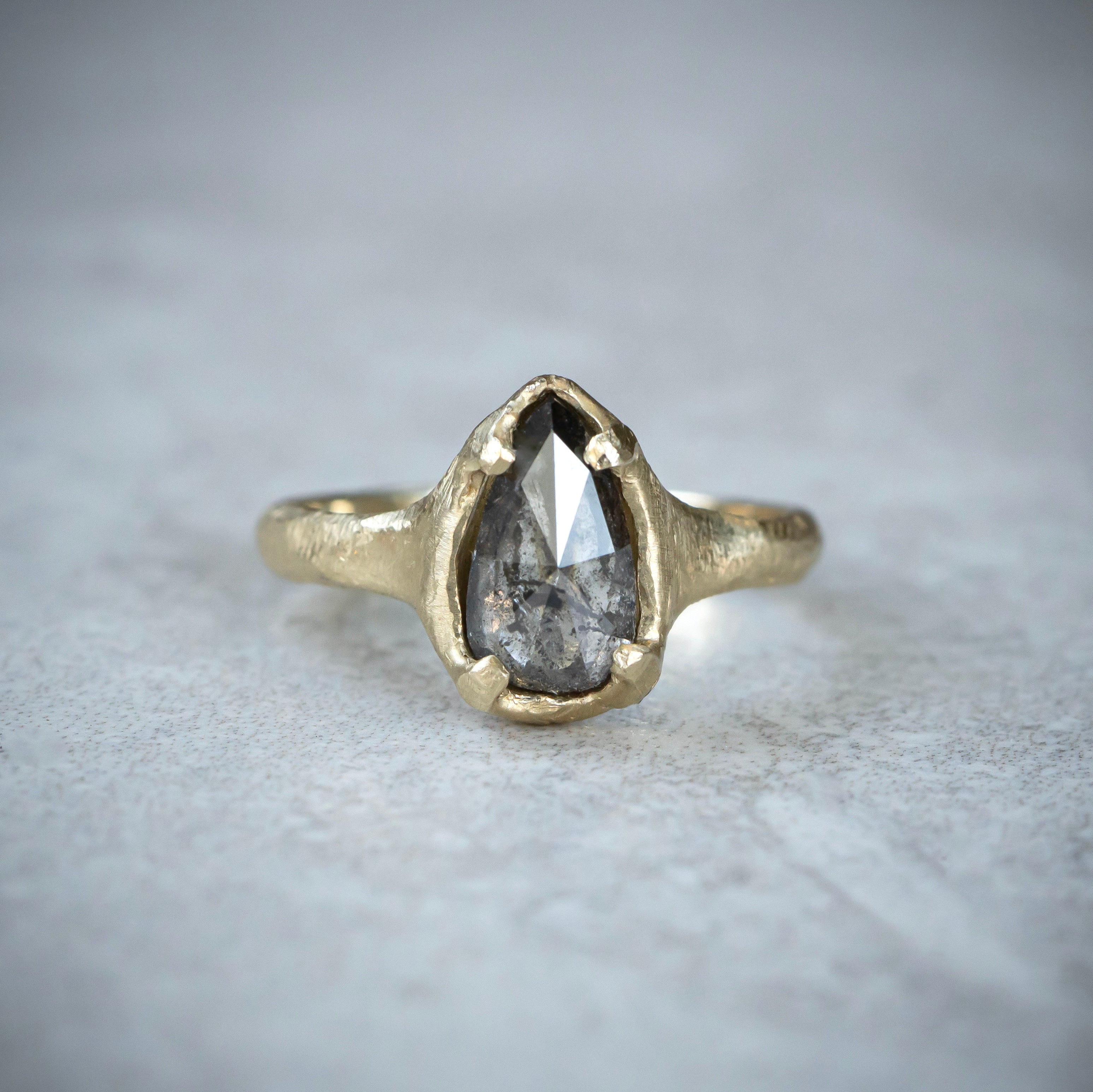 Salt and Pepper Pear Diamond Ring, Hand Carved Boulder Setting