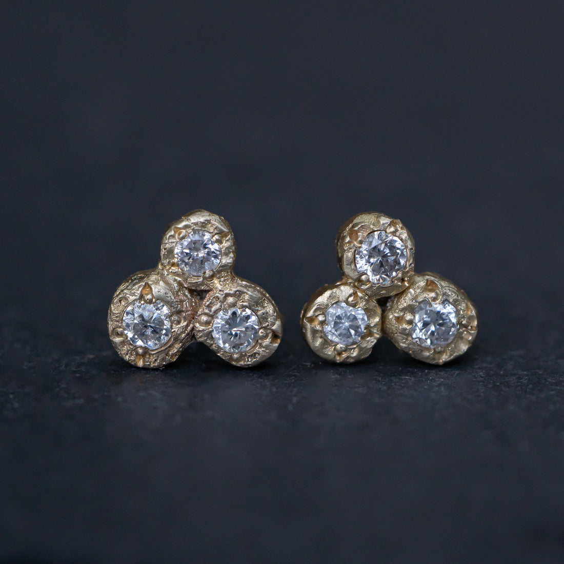 Diamond Trio 14k Organic Gold Studs - Salt and Pepper Diamond Ring- mossNstone