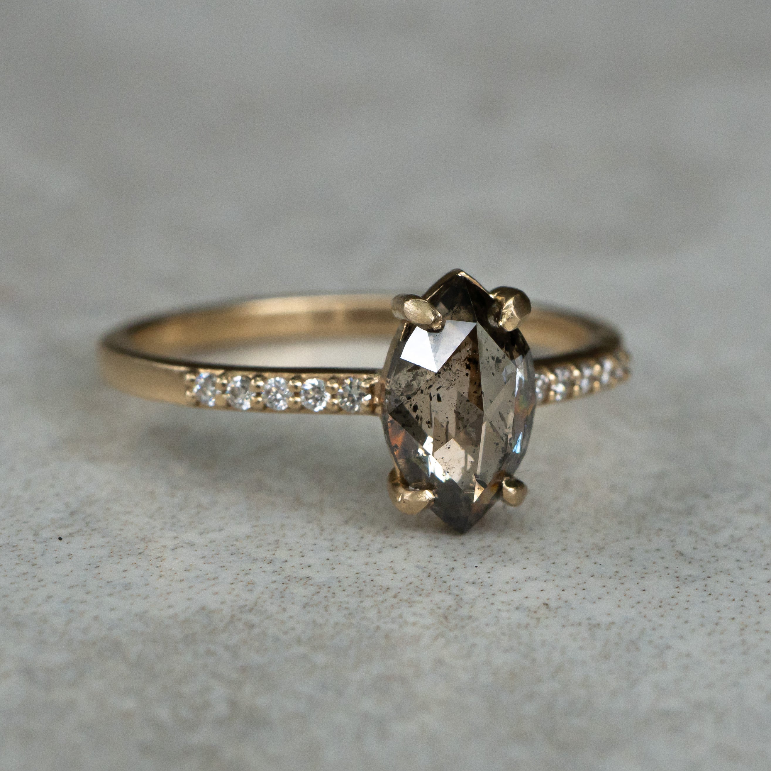 Salt and Pepper Marquis Diamond Ring with Pave Band