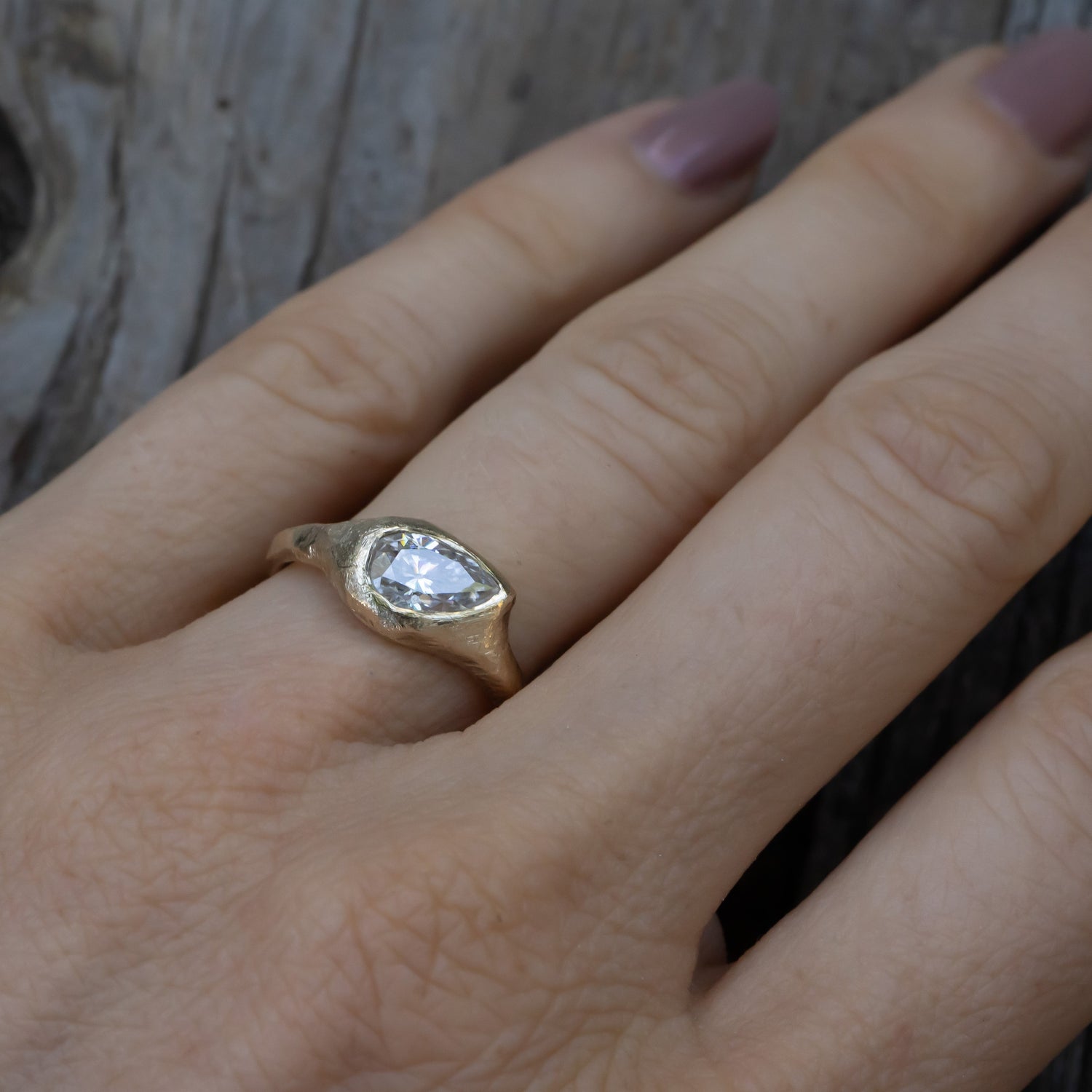 Custom Lab Diamond- Slanted Pear, Signent Style Diamond Engagement Ring - Salt and Pepper Diamond Ring- mossNstone
