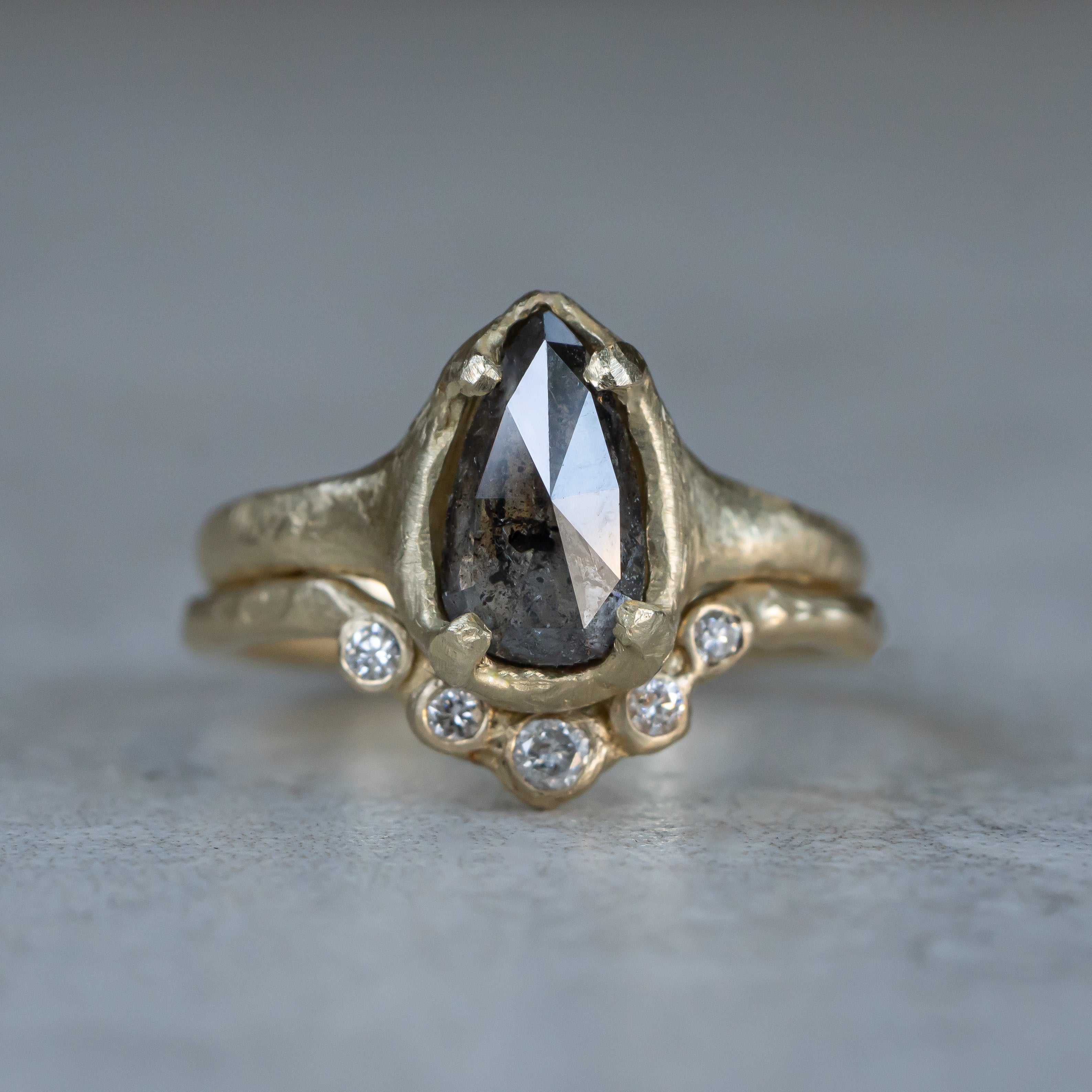 Salt and Pepper Pear Diamond Ring, Hand Carved Boulder Setting - mossNstone