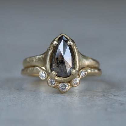 Salt and Pepper Pear Diamond Ring, Hand Carved Boulder Setting - mossNstone