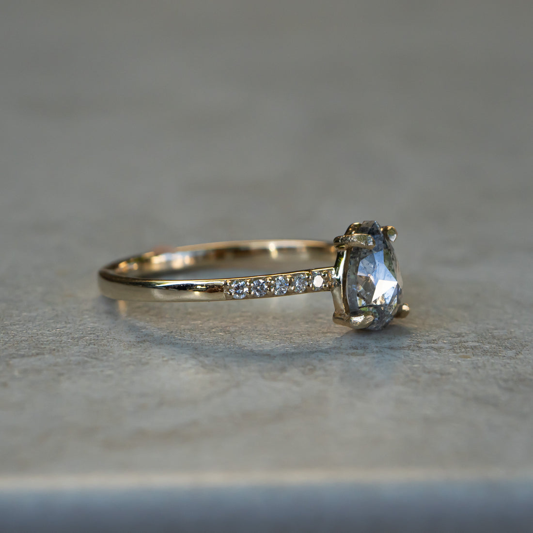 Salt and Pepper Pear Diamond Ring with Diamond Pavé Band - Salt and Pepper Diamond Ring- mossNstone