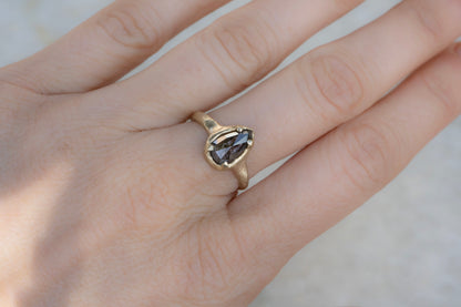 Salt and Pepper Pear Diamond Ring, Hand Carved Boulder Setting - mossNstone