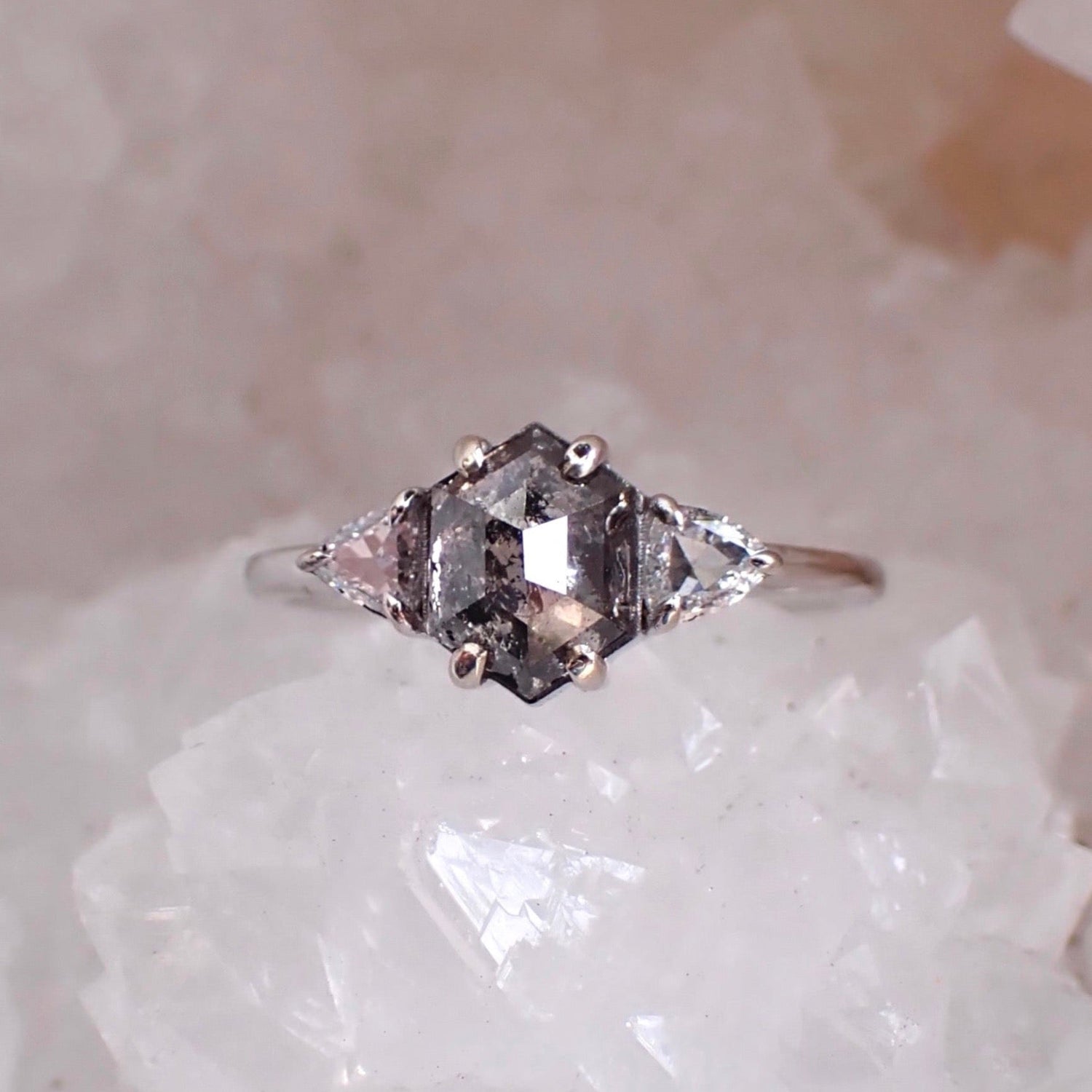 Custom Salt and Pepper Hexagon Diamond Ring with Triangle Accents for Olve - mossNstone