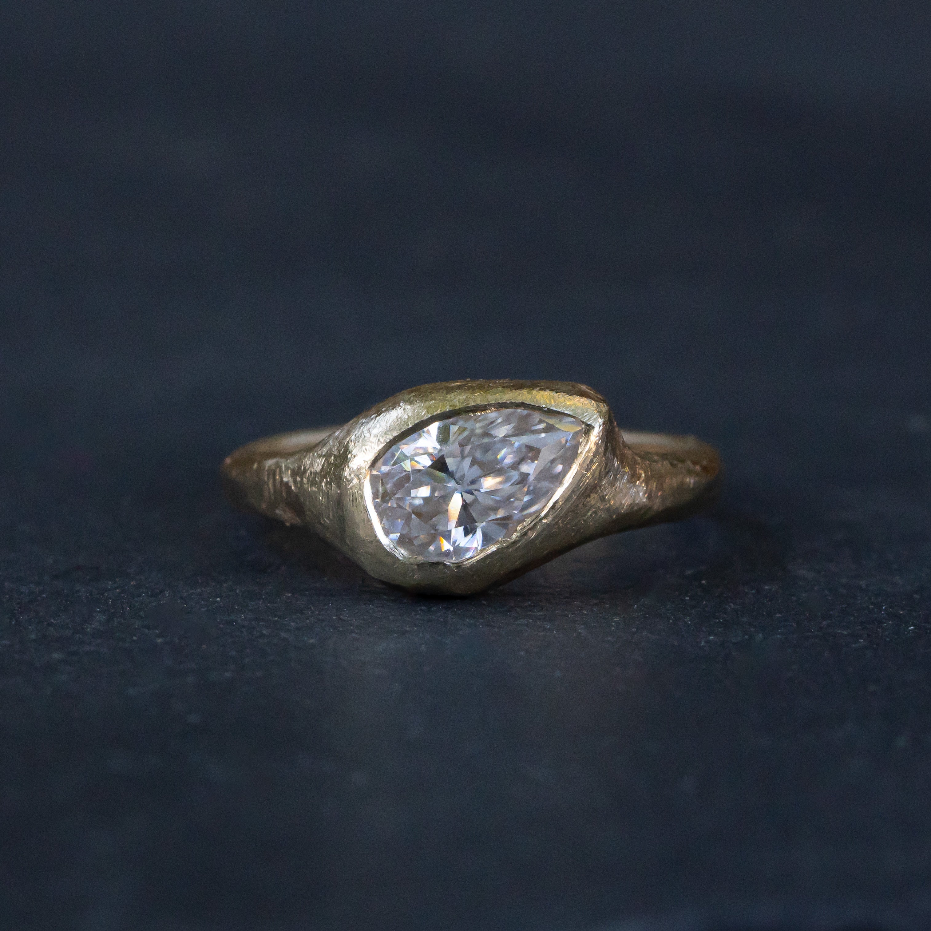 Custom Lab Diamond- Slanted Pear, Signent Style Diamond Engagement Ring - Salt and Pepper Diamond Ring- mossNstone