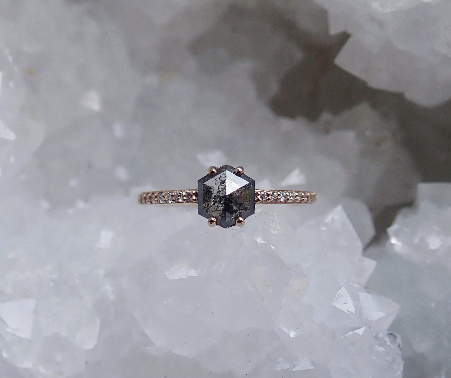 Salt and Pepper Hexagon Diamond Pavé Ring, 14k Rose Gold - mossNstone