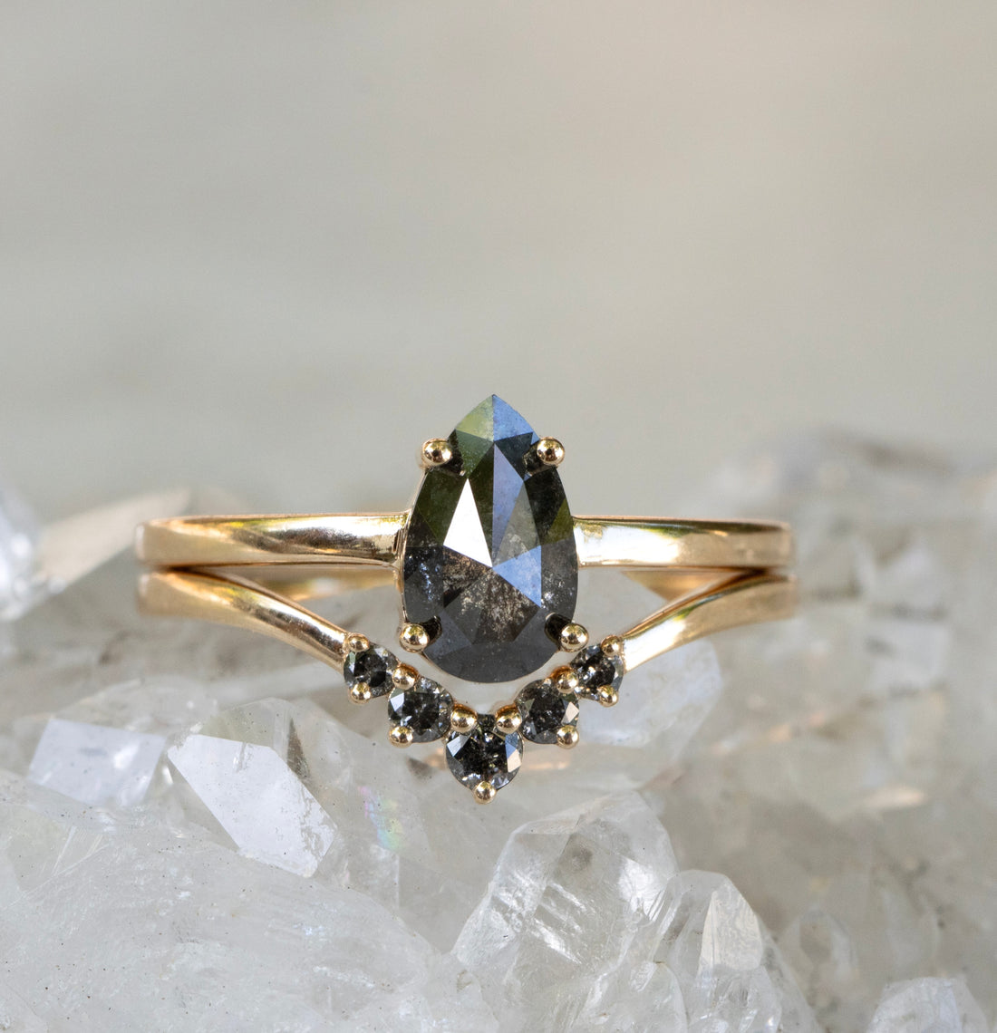 Salt and Pepper Pear Diamond Ring set with stacking band