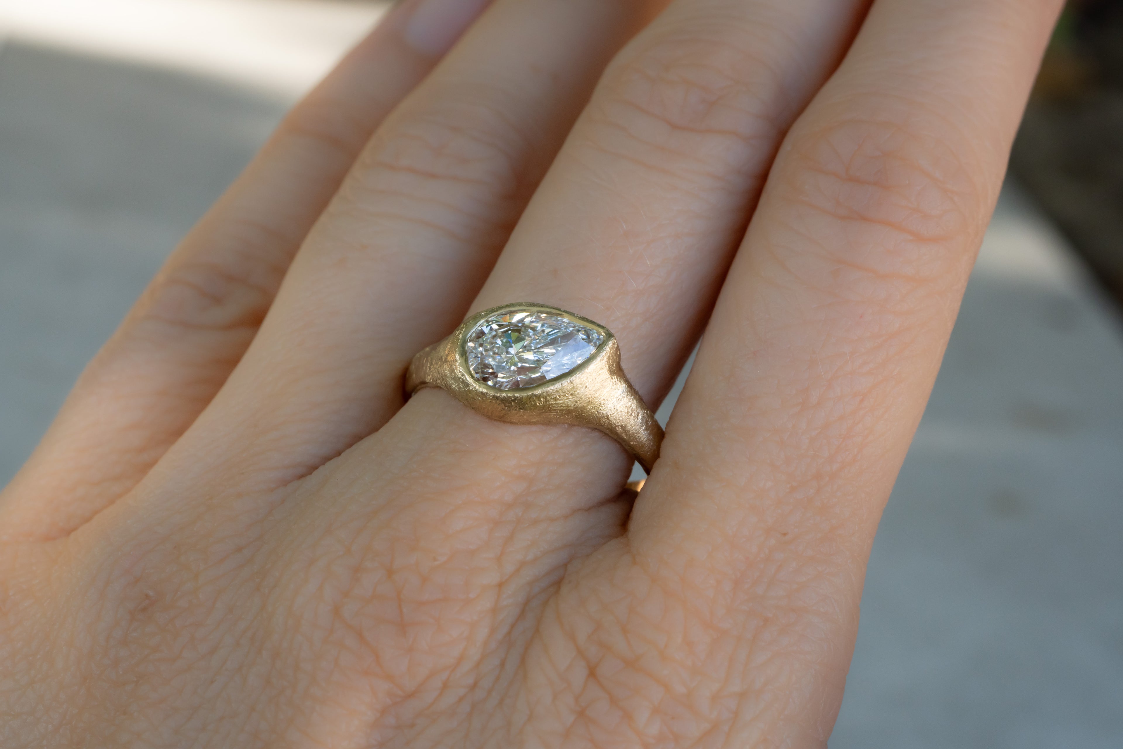 Custom Lab Diamond- Slanted Pear, Signent Style Diamond Engagement Ring