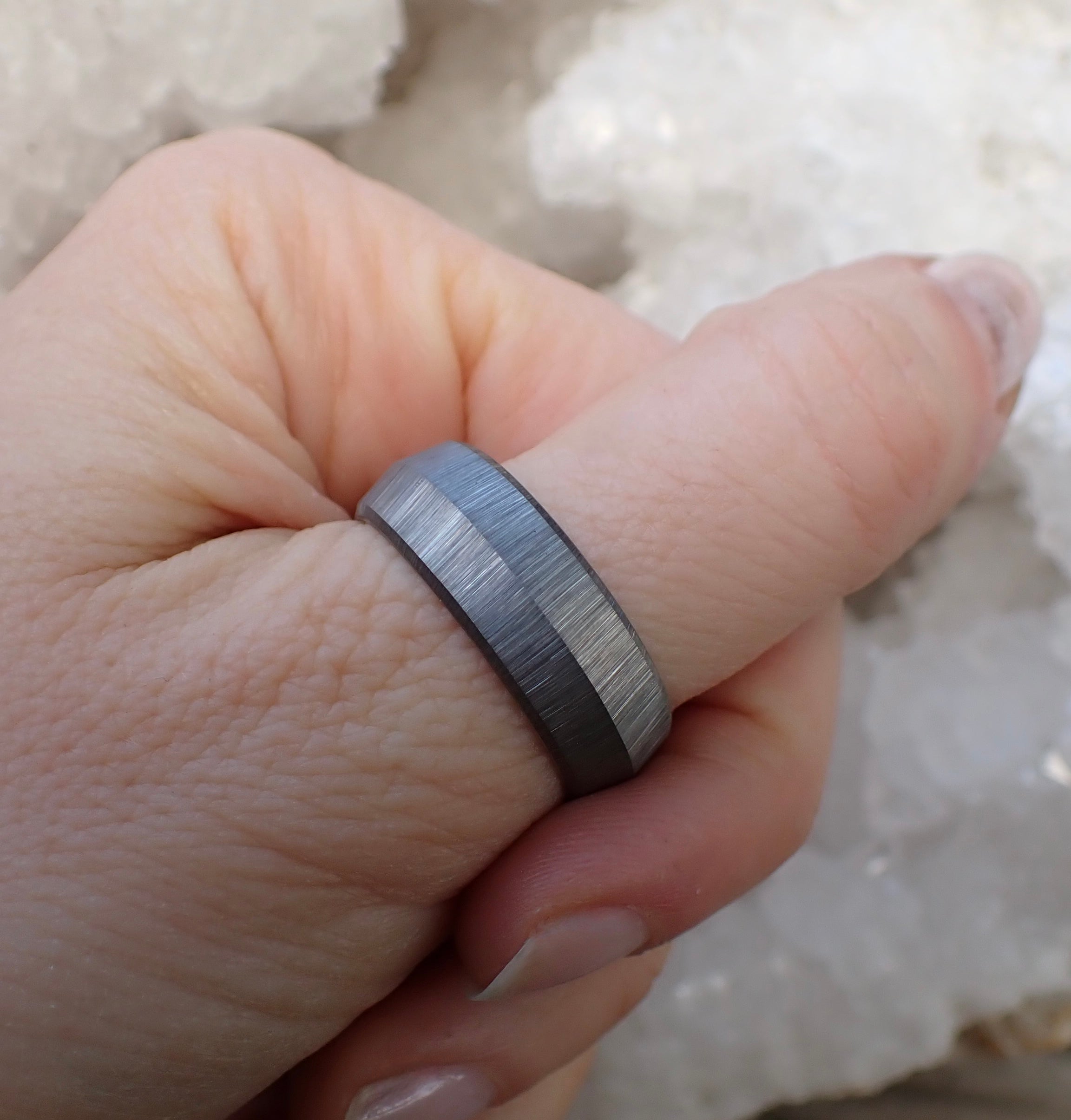Custom Tungsten 8 mm Knife Edge Band - Salt and Pepper Diamond Ring- mossNstone