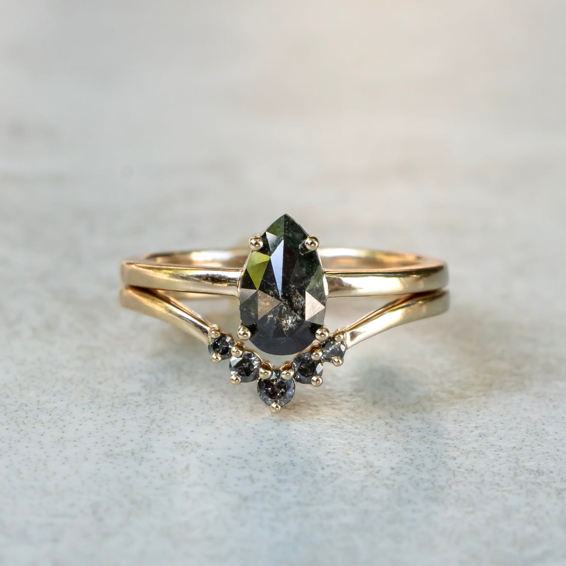 Salt and Pepper Pear Diamond Ring set with stacking band