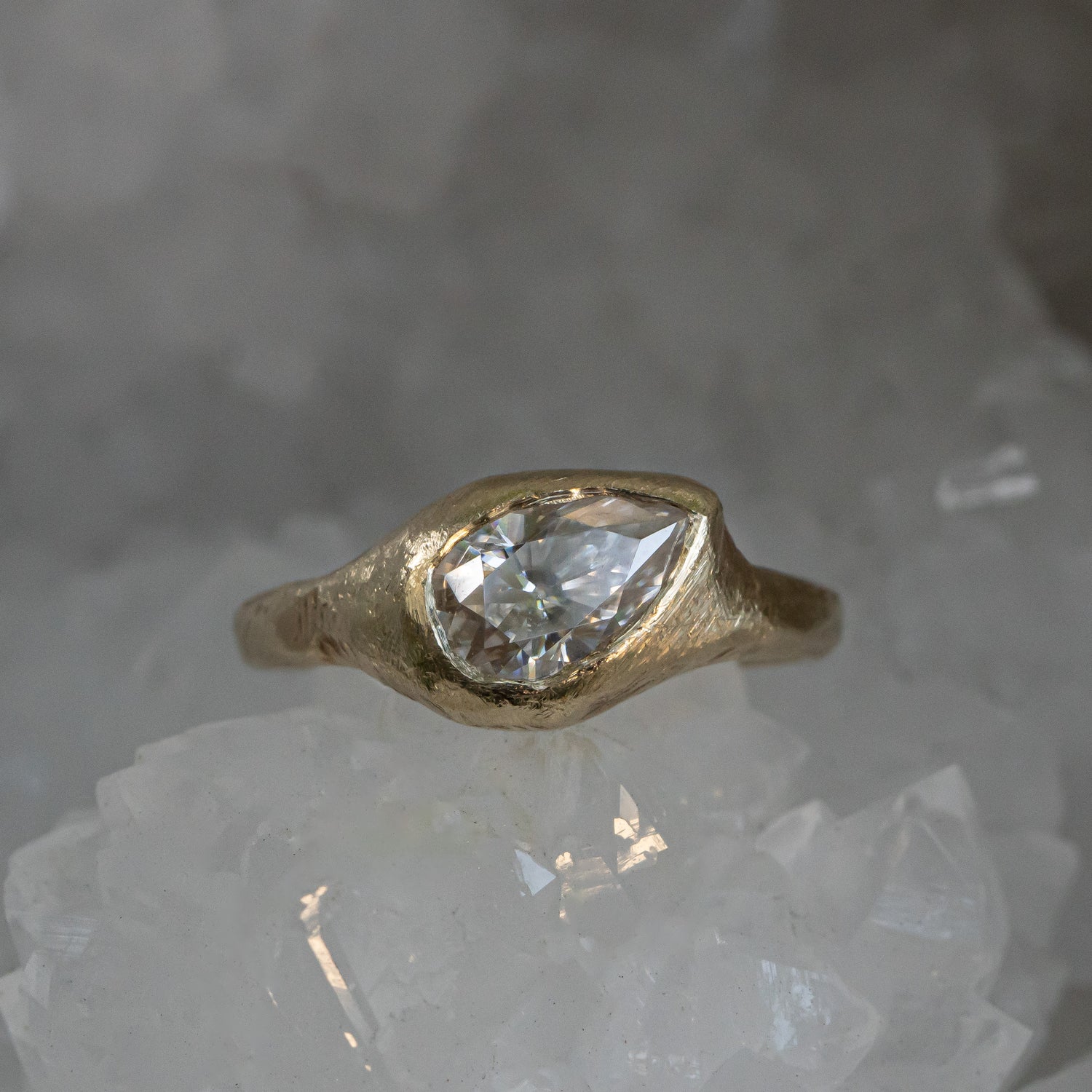Slanted Pear, Signent Style Diamond Engagement Ring - Salt and Pepper Diamond Ring- mossNstone