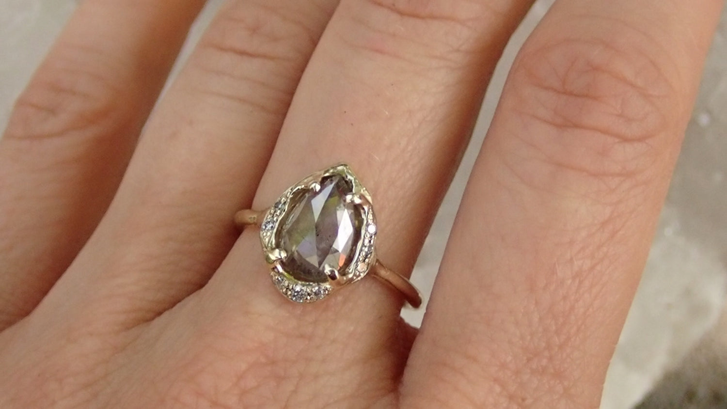 1.72ct Salt and Pepper Pear Diamond Ring in a Scattered Halo Setting