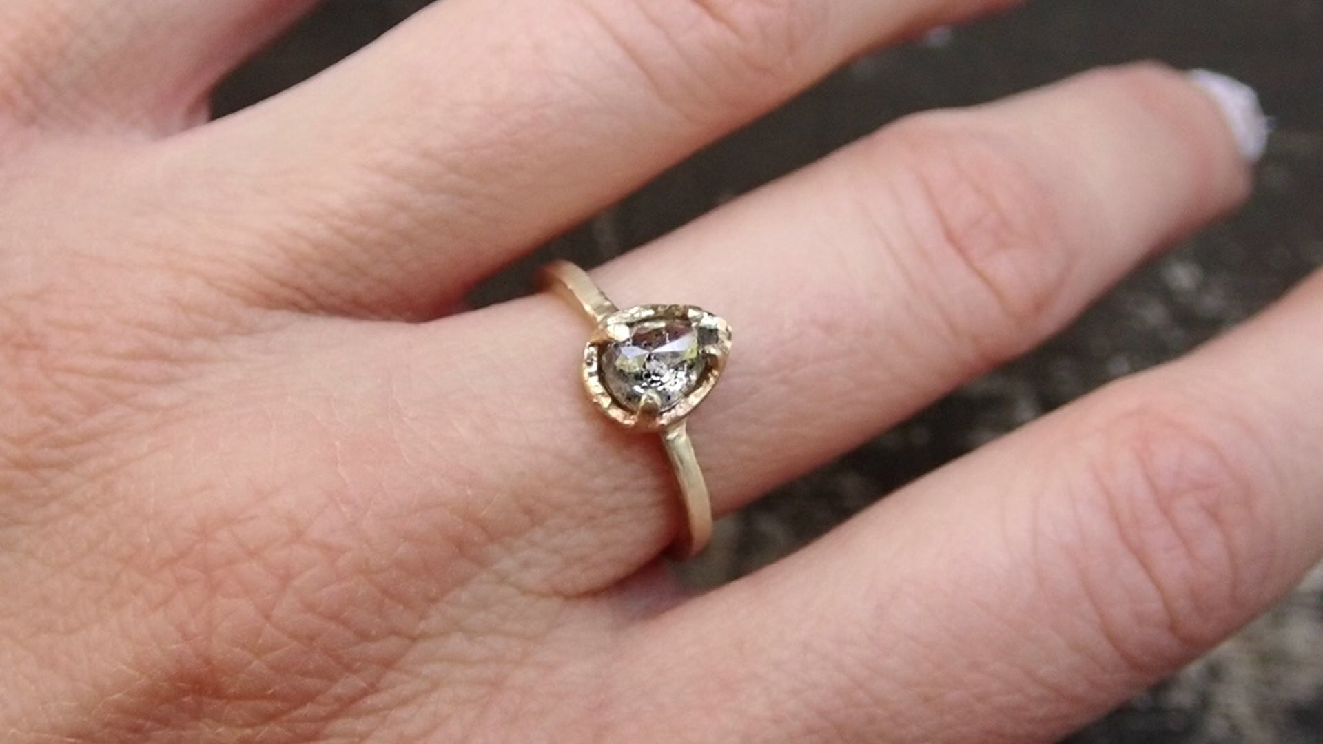 Salt and Pepper Pear Solitaire Diamond, Hand Carved in 14k yellow gold