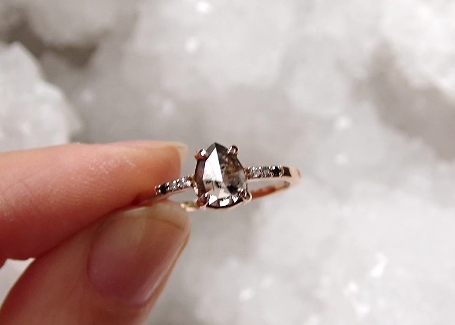 Salt and Pepper Pear - Ombre Accent Diamond Ring, 14k Rose Gold