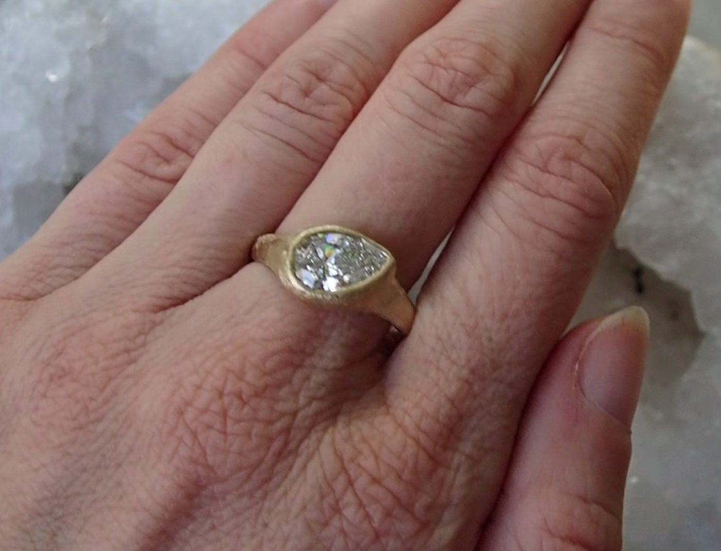 Custom Lab Diamond- Slanted Pear, Signent Style Diamond Engagement Ring