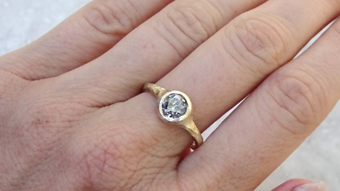 Salt and Pepper Brilliant Cut Diamond, Signet Ring, Hand Carved Rustic Bezel Setting