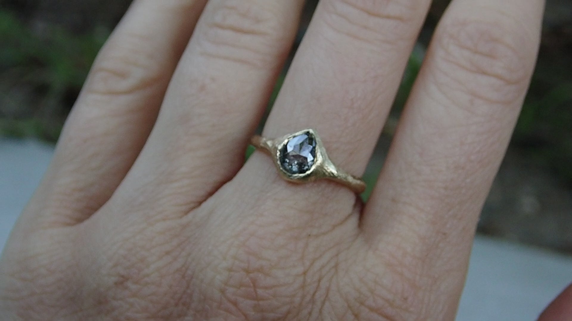 Salt and Pepper Pear Diamond, Signet Ring, Hand Carved Rustic Setting