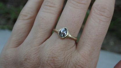 Salt and Pepper Pear Diamond, Signet Ring, Hand Carved Rustic Setting