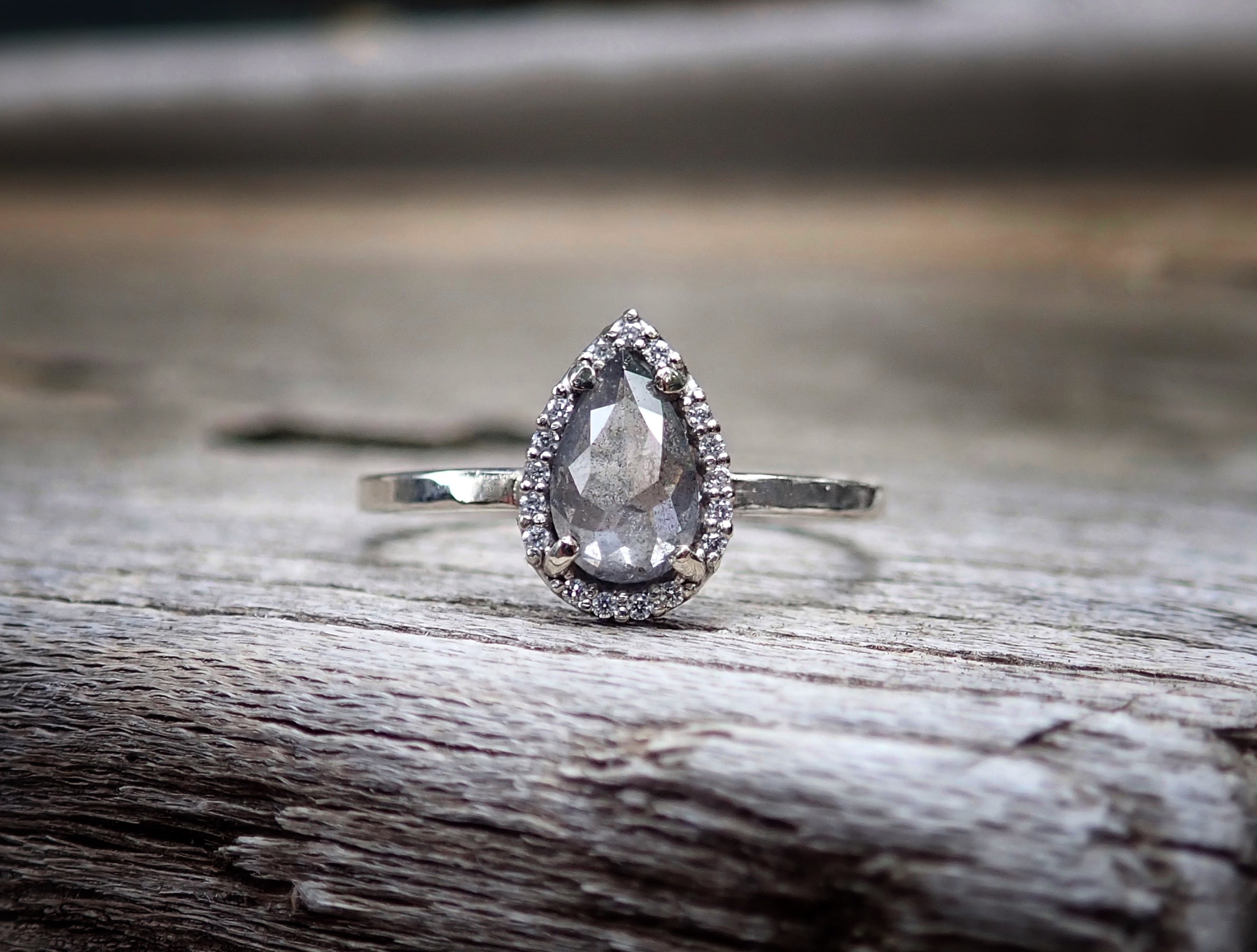 Ready to ship: Salt and Pepper Pear Diamond Halo, Unique diamond Engagement Ring, Size 8 - mossNstone
