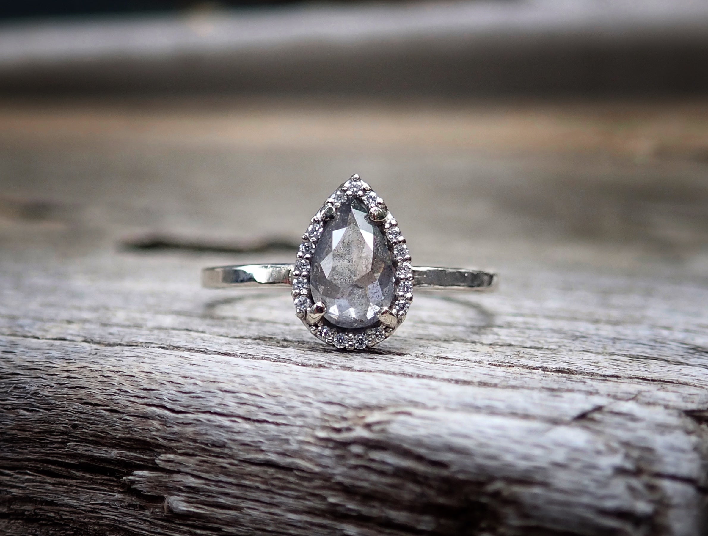 Ready to ship: Salt and Pepper Pear Diamond Halo, Unique diamond Engagement Ring, Size 8 - Salt and Pepper Diamond Ring- mossNstone