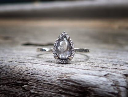 Ready to ship: Salt and Pepper Pear Diamond Halo, Unique diamond Engagement Ring, Size 8 - Salt and Pepper Diamond Ring- mossNstone