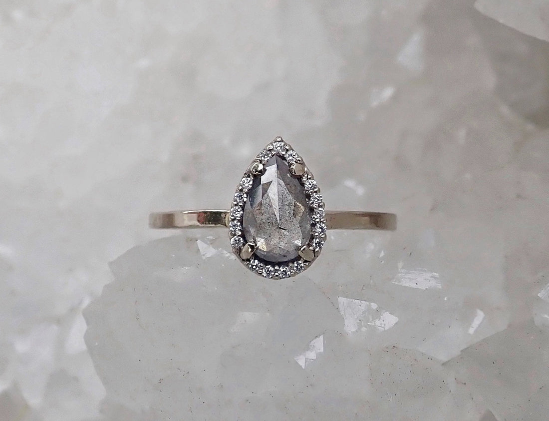 Ready to ship: Salt and Pepper Pear Diamond Halo, Unique diamond Engagement Ring, Size 8 - Salt and Pepper Diamond Ring- mossNstone