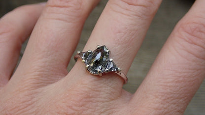 Salt and Pepper Pear Diamond Ring With Triangle Diamond Accents in White Gold