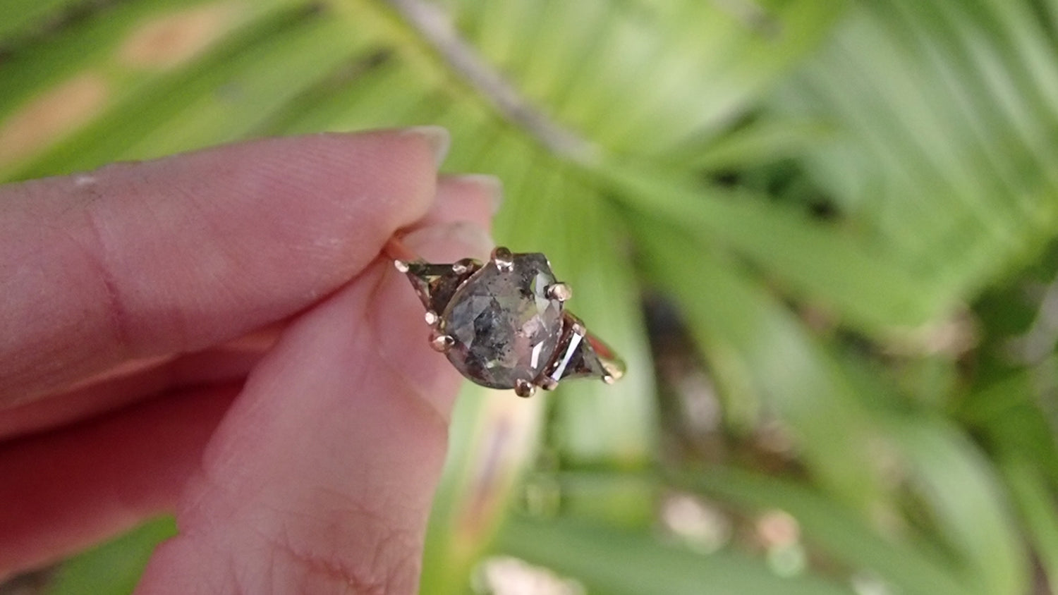 Salt and Pepper Pear Diamond Ring With Triangle Diamond Accents