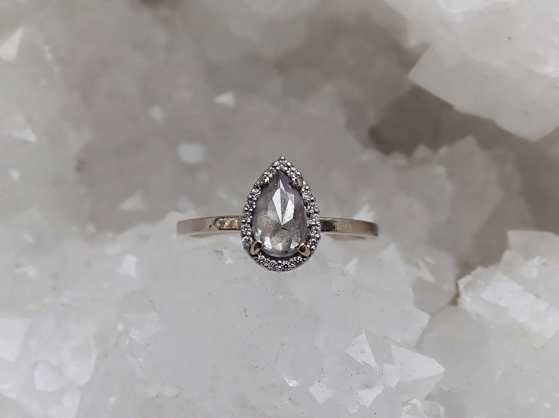 Ready to ship: Salt and Pepper Pear Diamond Halo, Unique diamond Engagement Ring, Size 8 - mossNstone