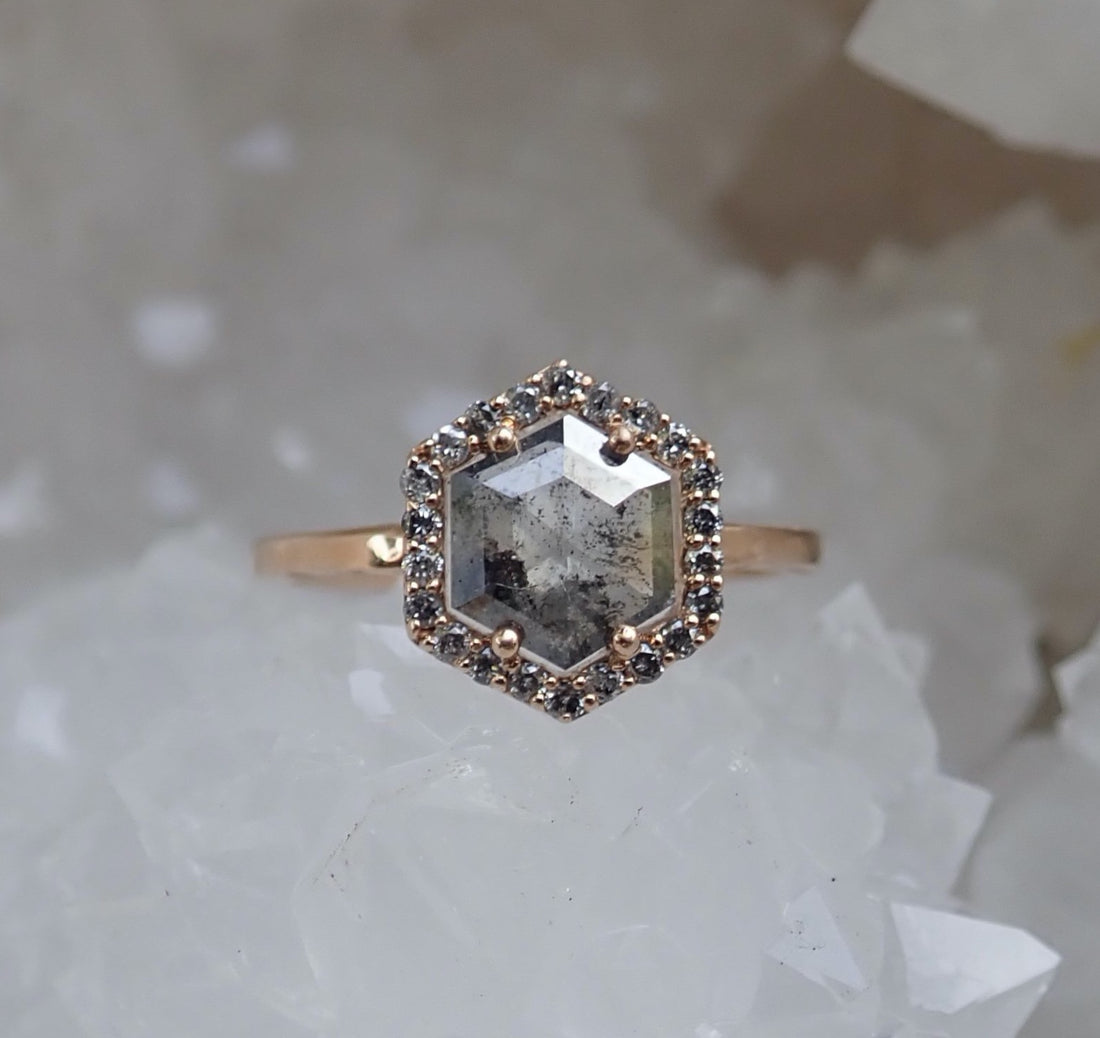 Ready to to Ship: Salt and Pepper Hexagon Halo Diamond Ring 14k Rose Gold, Size 6 - mossNstone