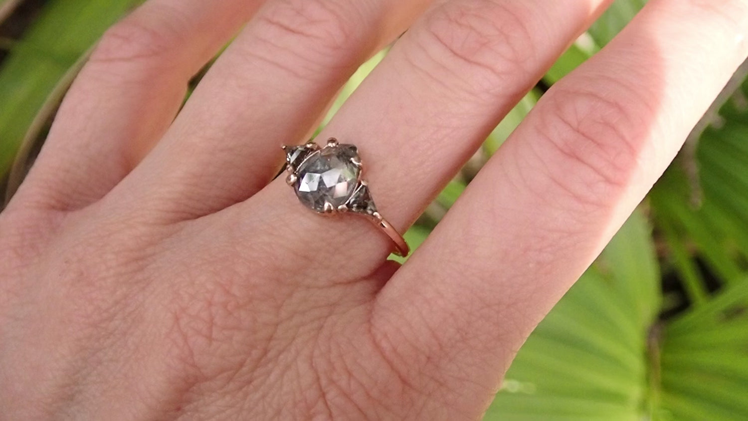 Salt and Pepper Pear Diamond Ring With Triangle Diamond Accents