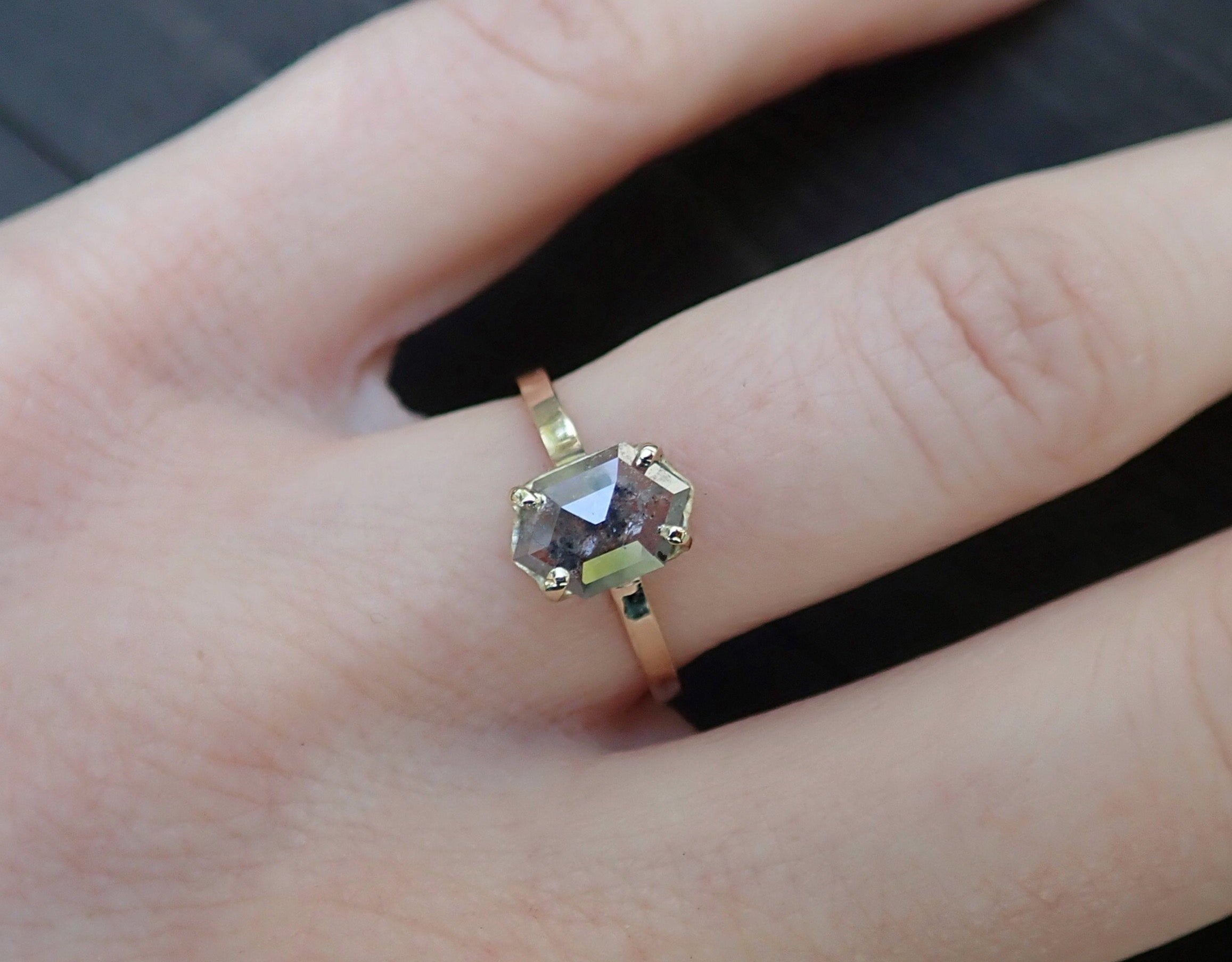 Custom: Elongated Hexagon Cut, Salt and Pepper Diamond Engagement Ring - mossNstone