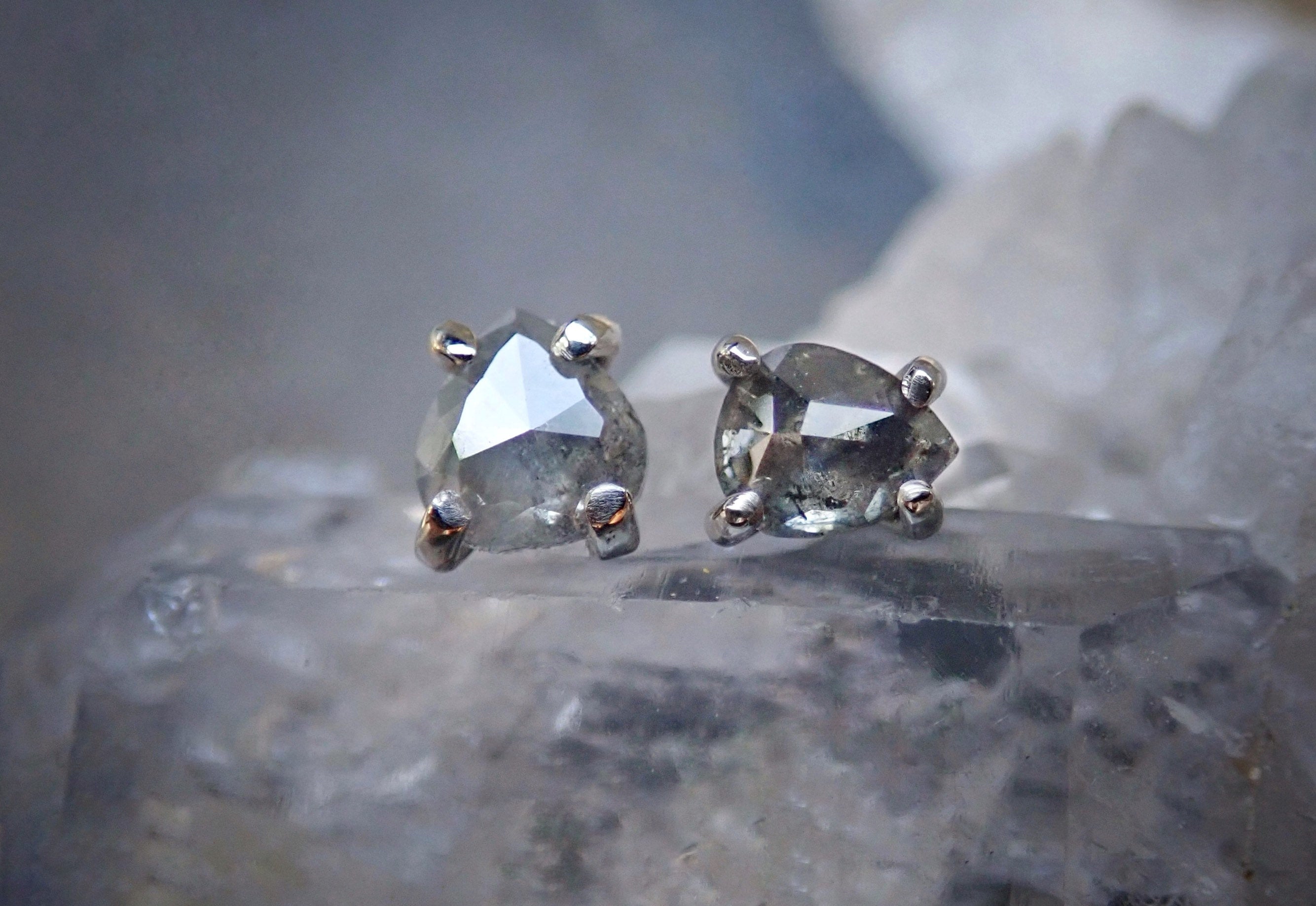 Custom Rose Cut Salt and Pepper Diamond Stud Earrings - mossNstone