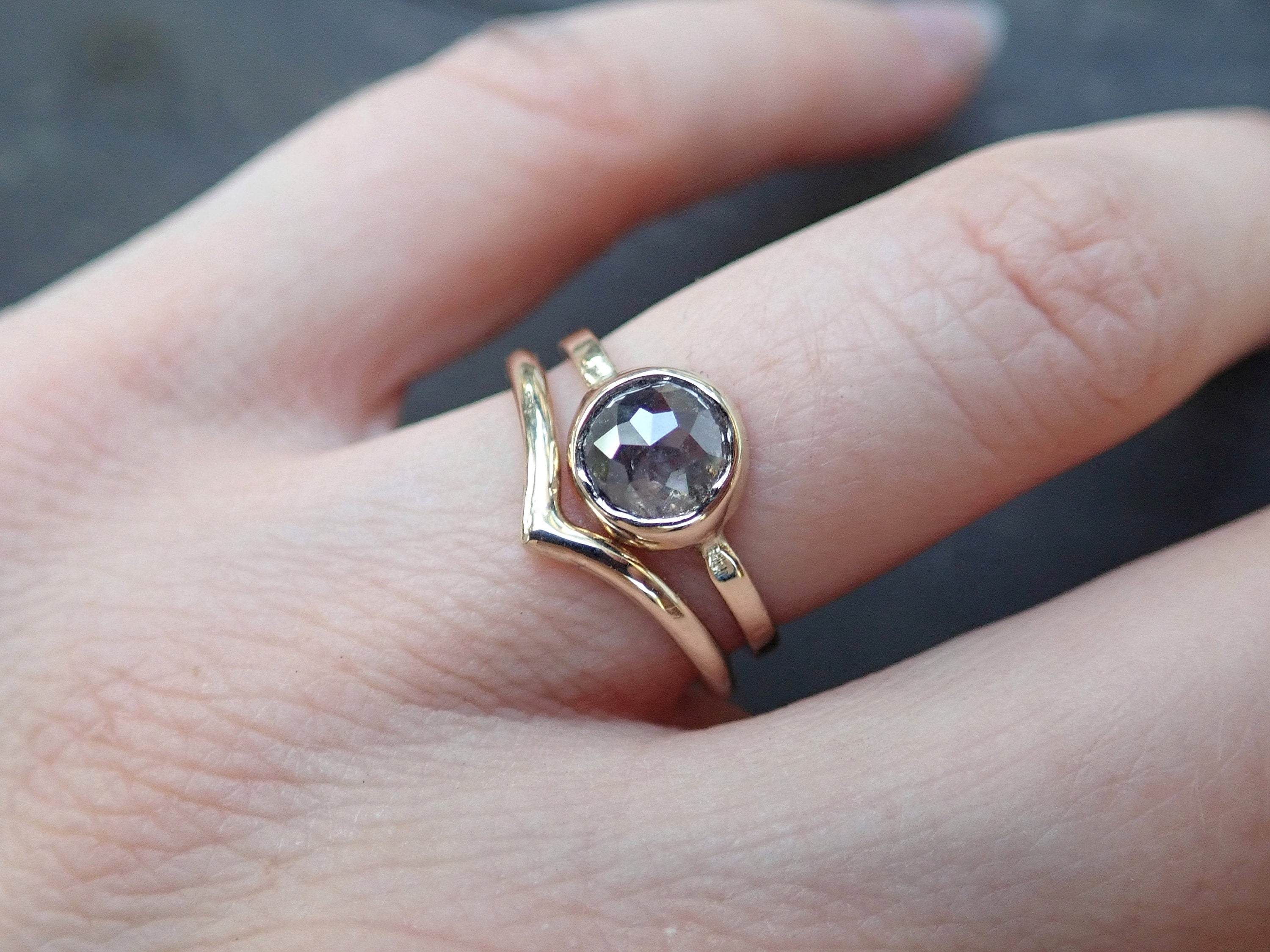 Custom: Round Rose Cut Salt and Pepper Diamond Ring - mossNstone