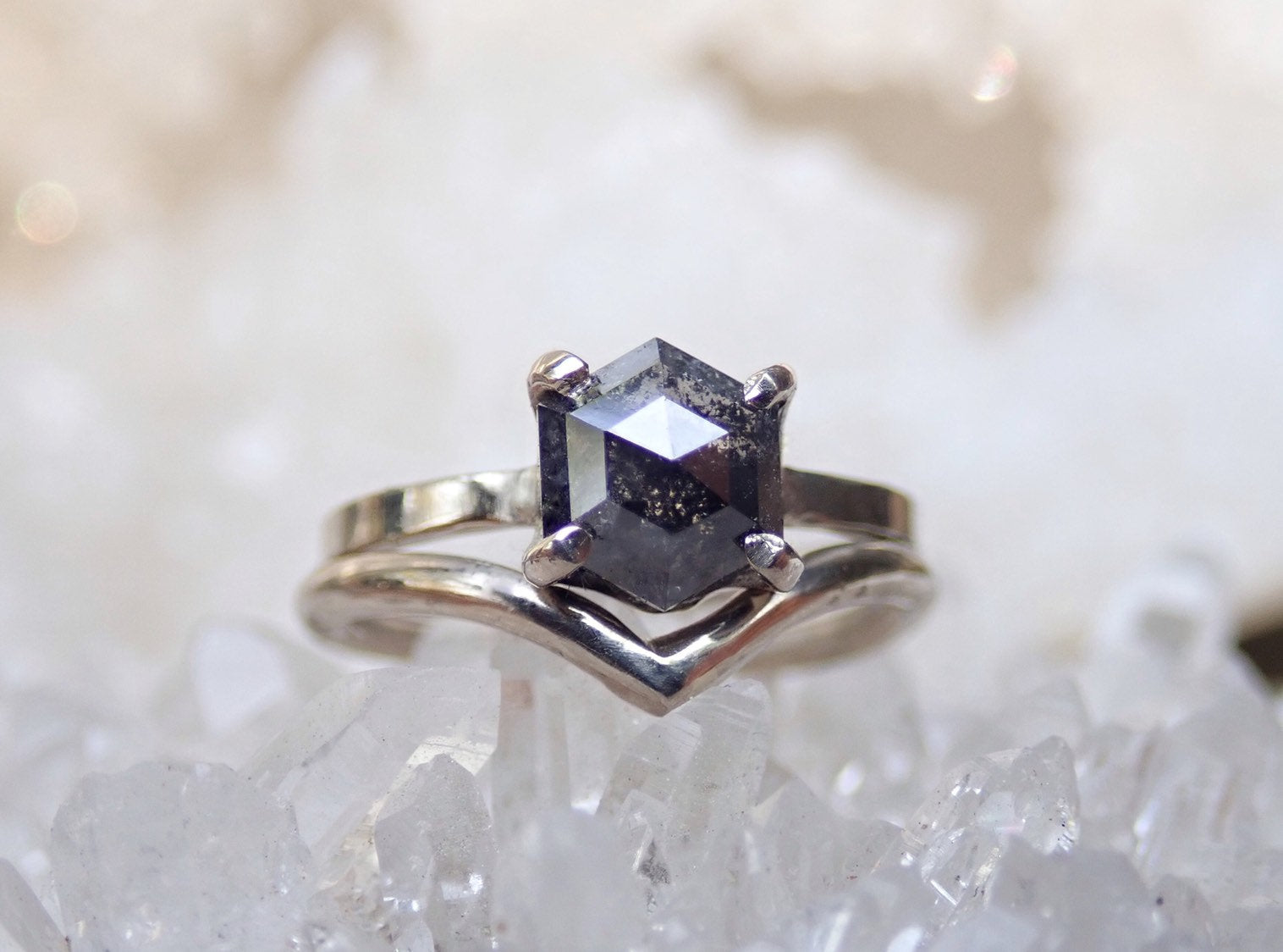 Custom: Hexagon Salt and Pepper Diamond Ring - mossNstone