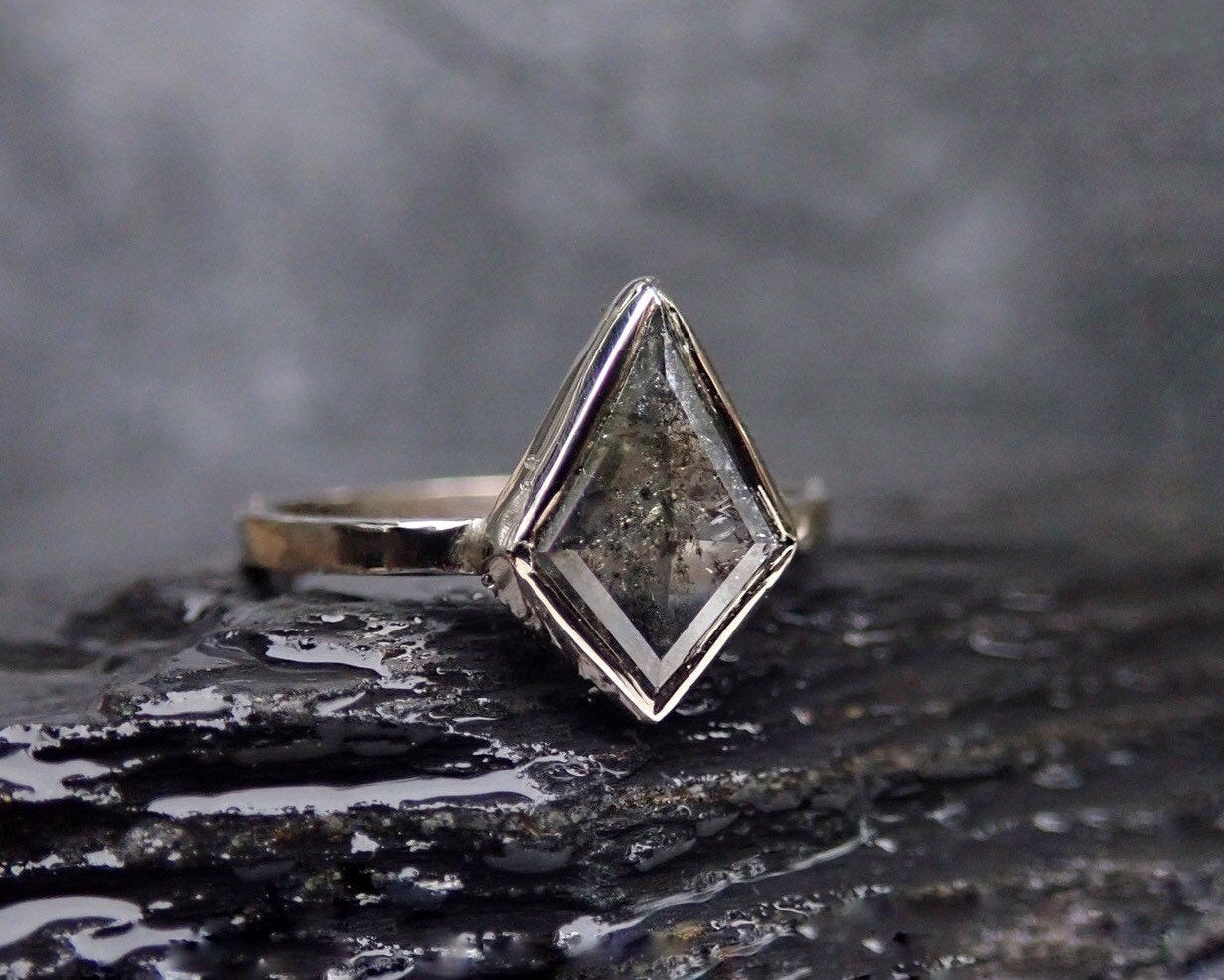 Custom: Kite Shape Salt and Pepper Diamond Ring - mossNstone