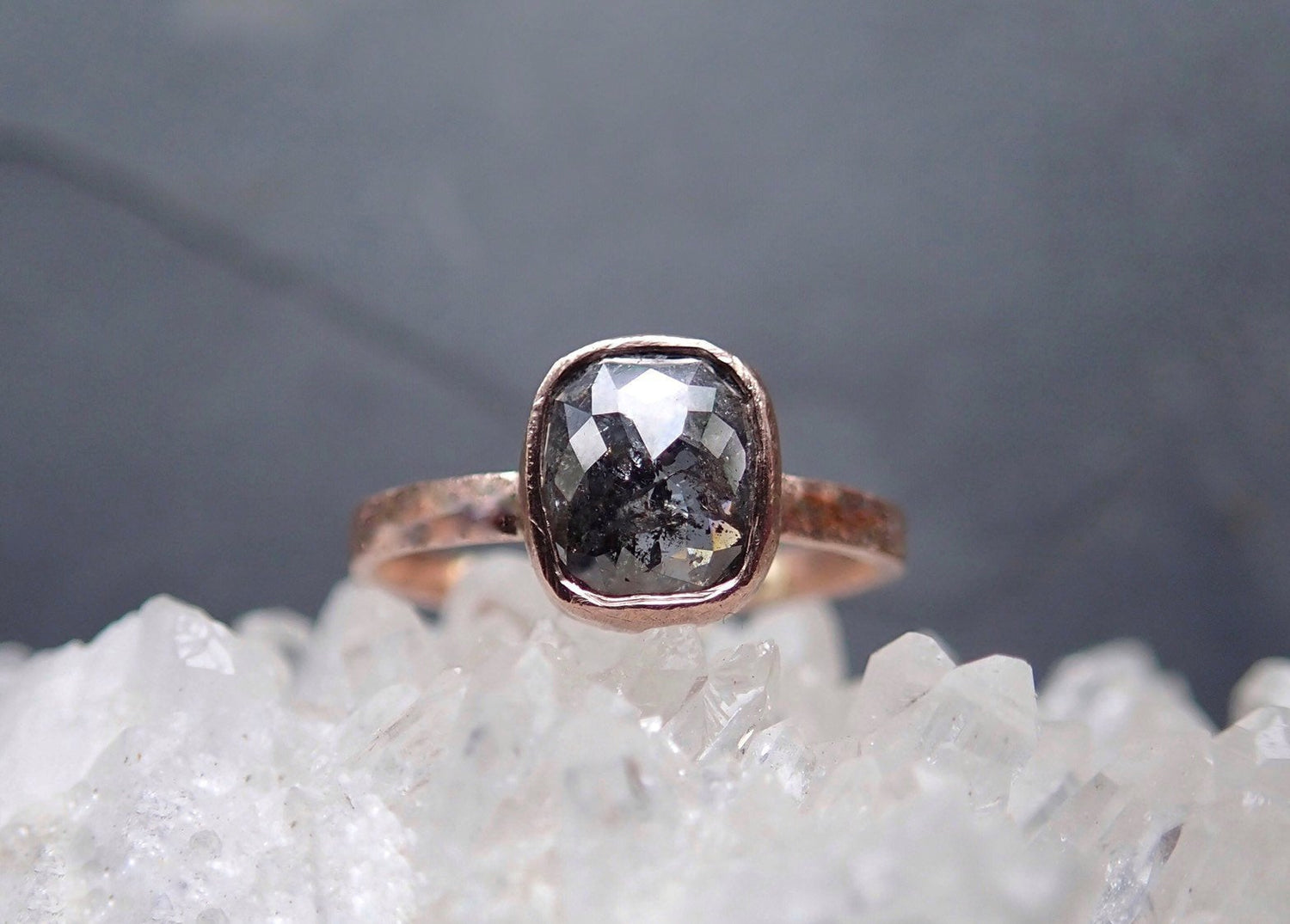 Custom: Cushion and Oval, Rose Cut Salt and Pepper Diamond Ring - mossNstone