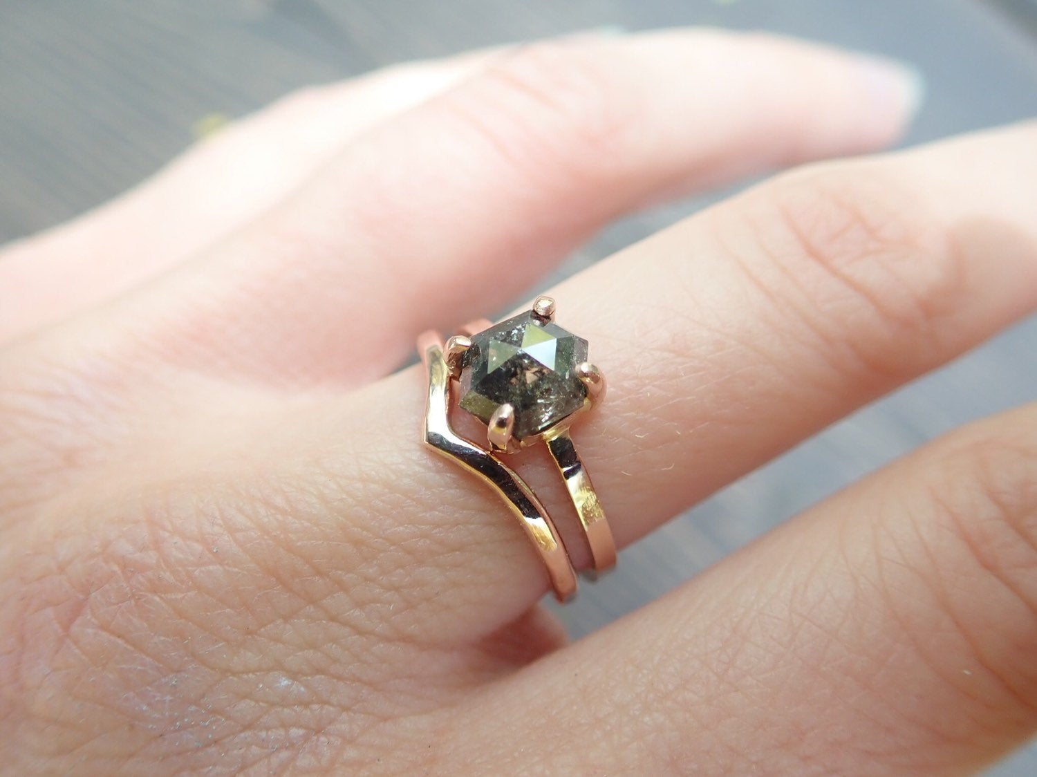 Custom: Hexagon Salt and Pepper Diamond Ring - mossNstone