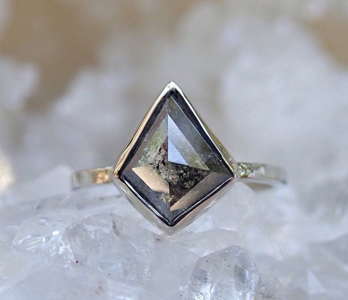 Custom: Kite Shape Salt and Pepper Diamond Ring - mossNstone