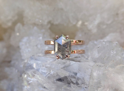 Custom: Elongated Hexagon Cut, Salt and Pepper Diamond Engagement Ring - mossNstone