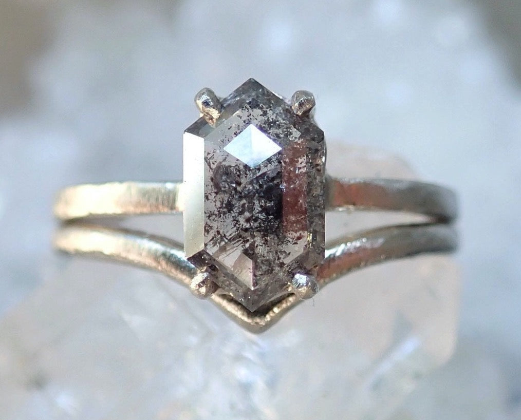 Custom: Elongated Hexagon Cut, Salt and Pepper Diamond Engagement Ring - mossNstone